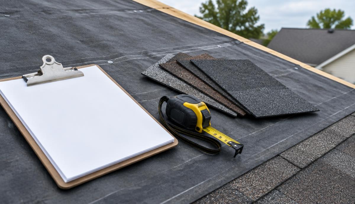 Illustrative shingle samples and measuring tools on a roof deck
