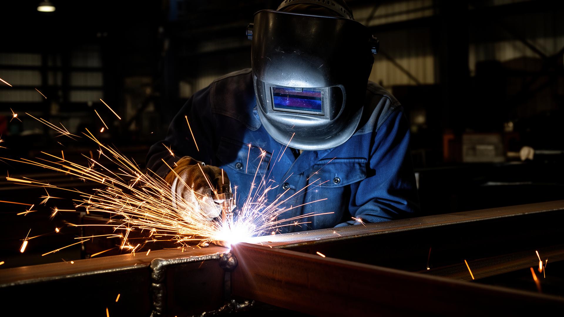 DAWC certified welder fabricating custom steel with sparks flying in the Raleigh, NC shop