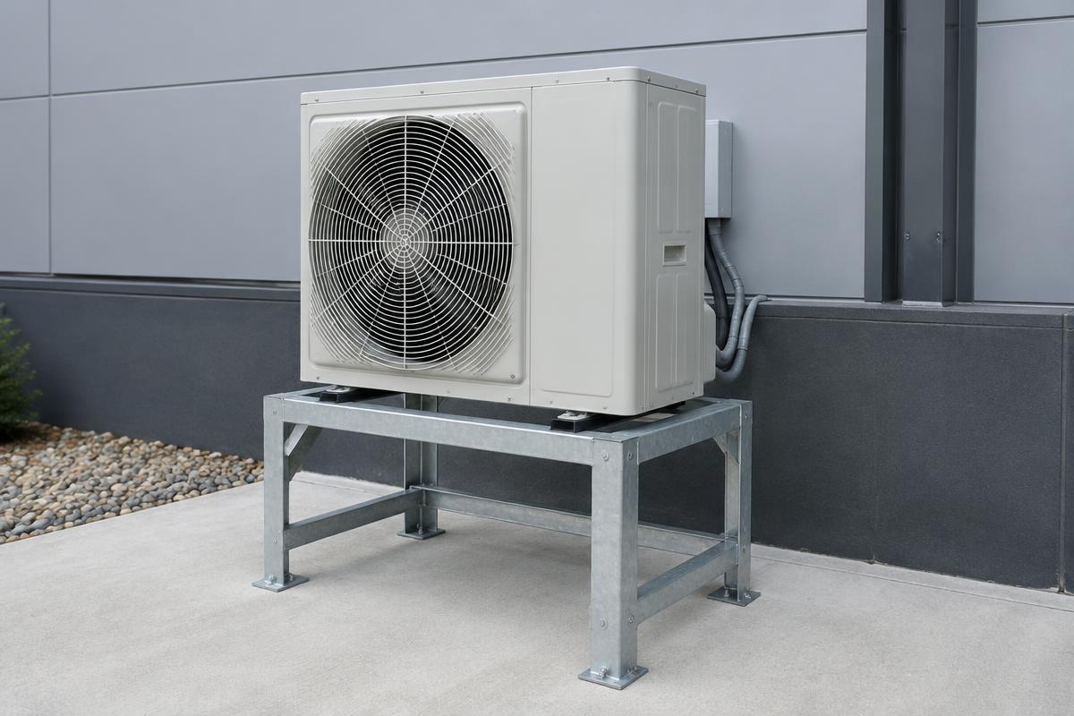 Unbranded outdoor HVAC condenser on a galvanized steel stand beside a commercial building
